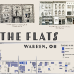 A portion of The Flats map showing buildings painted in watercolor that were demolished in urban renewal.